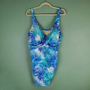Swimsuits for All Blue Multi Leaves Shirred Sarong One Piece Size 28